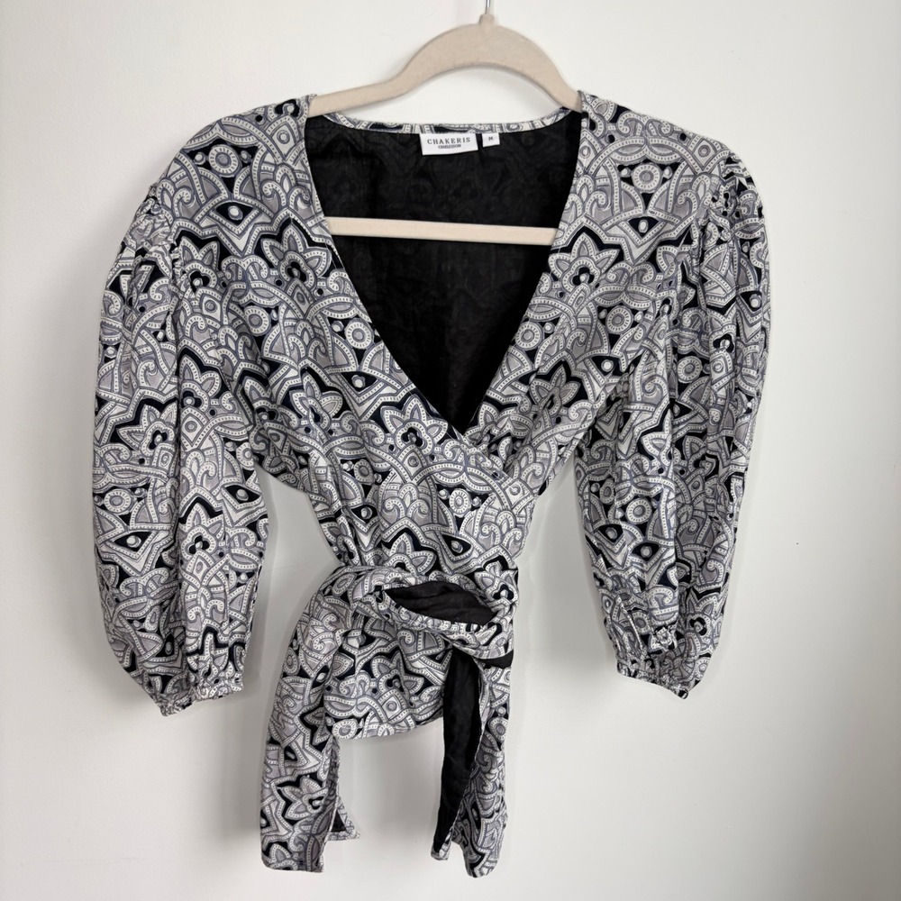 Chakeris Charleston Wrap Top Cotton Medium Boho Black White Puff Sleeve Top